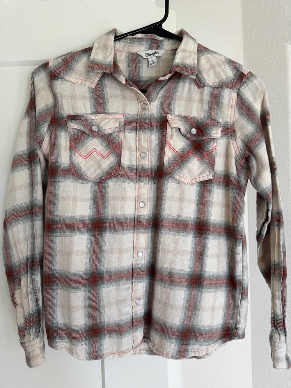 Wrangler Cream, Rust & Gray Plaid Snap-Front Shirt